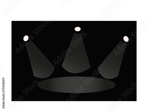 Scène de théatre sur fond noir équipée de trois spots lumineux éclairant la scène