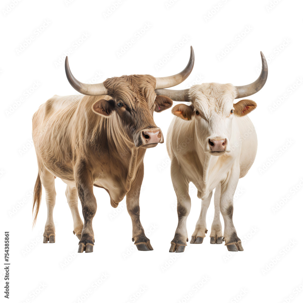Naklejka premium Portrait of two cows with big horned standing together, isolated on transparent background