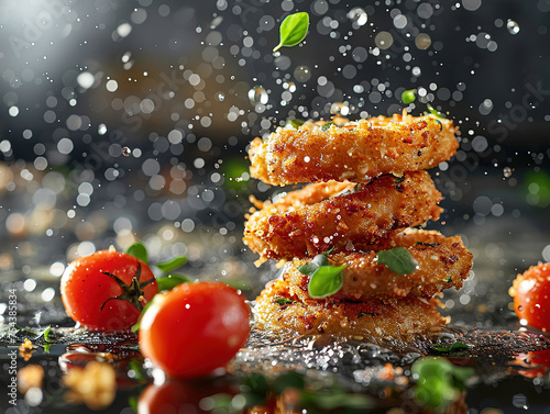 Delicious fried green tomatoes photography, explosion flavors, studio lighting, studio background, well-lit, vibrant colors, sharp-focus, high-quality, artistic, unique