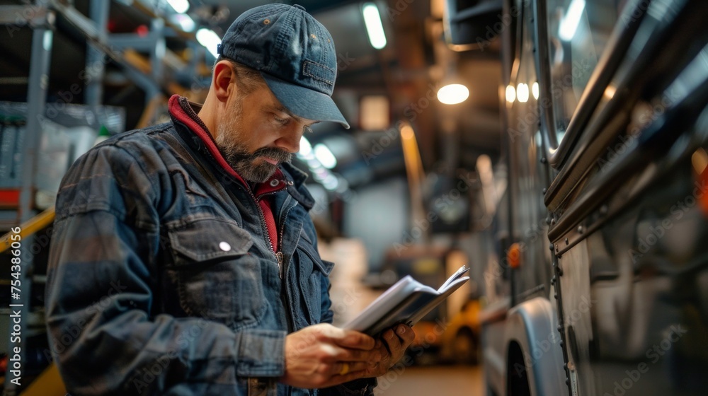 Driver worker handling clipboard check list and checking tire truck Driver worker handling clipboard check list and checking tire truck