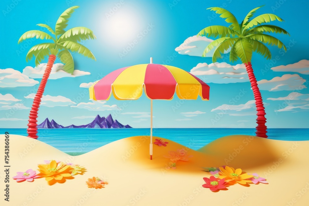  illustration of a tropical beach with palm tree and beach umbrella