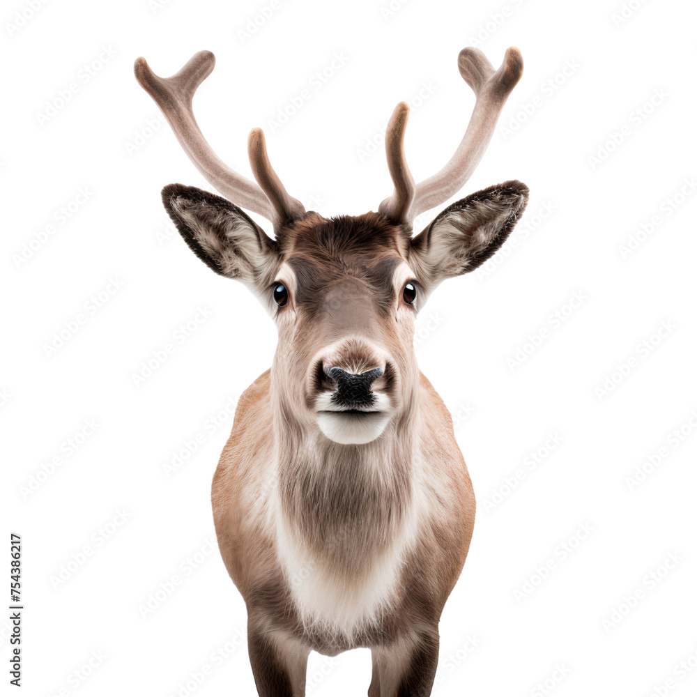 Close up portrait of a reindeer, front view, isolated on transparent background
