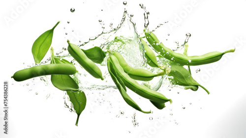 Cluster beans  sliced pieces flying in the air with water splash isolated on transparent png.
 photo