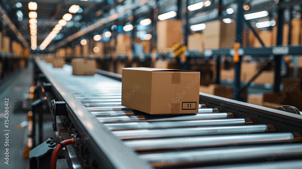 Packages on automated conveyor belt system in a modern distribution ...