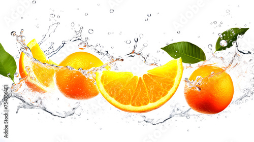 Clementine sliced pieces flying in the air with water splash isolated on transparent png. 