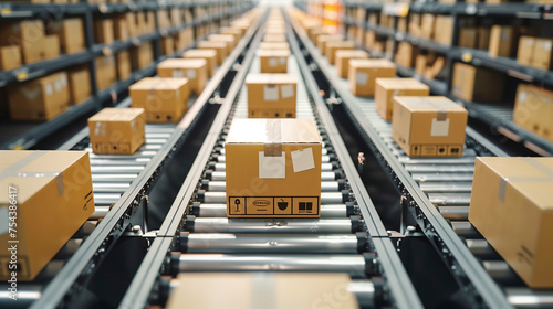 Packages on automated conveyor belt system in a modern distribution warehouse, highlighting efficiency in logistics.