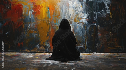 Imposter syndrome concept. The artist stands in front of his painting, his face hidden by a hood, trying to be invisible.
