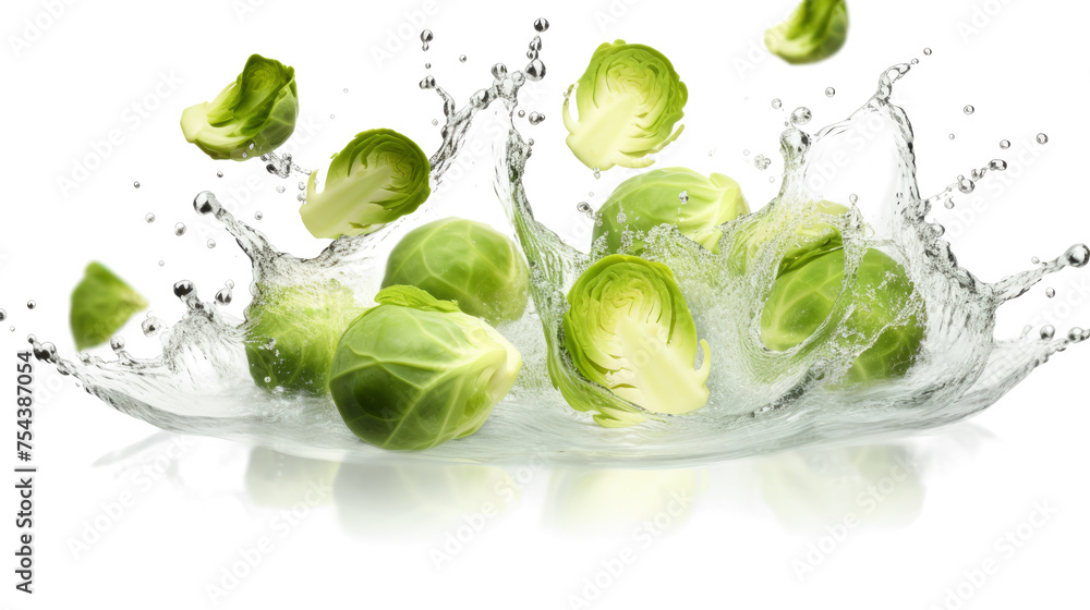 Obraz premium Cabbage sliced pieces flying in the air with water splash isolated on transparent png. 