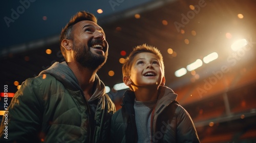 Father and Son Sharing a Joyful Moment at a Sports Event. Generative ai