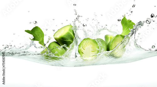 Cabbage sliced pieces flying in the air with water splash isolated on transparent png.
