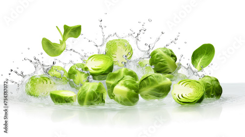 Cabbage sliced pieces flying in the air with water splash isolated on transparent png. 