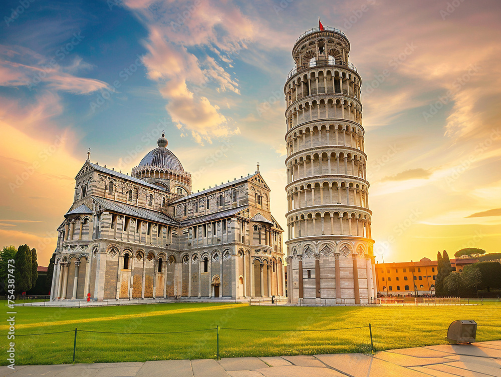 Iconic leaning tower in Italy, illuminated at night against a dark sky. Bell tower landmark.
