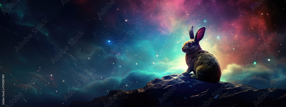 Rabbit with cosmic background with space, stars, nebulae, vibrant ...