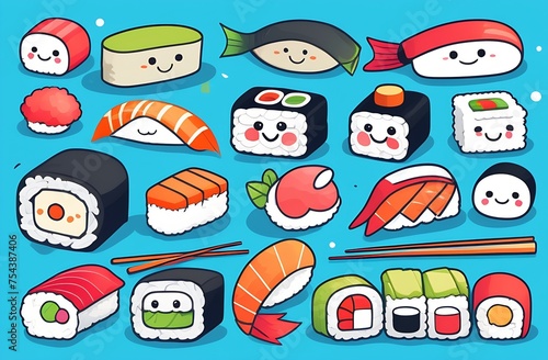 sushi on light blue background. Pattern for design
