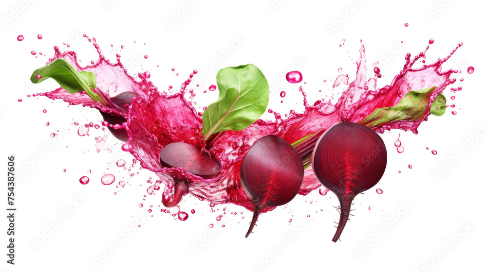 Beetroot sliced pieces flying in the air with water splash isolated on transparent png.
