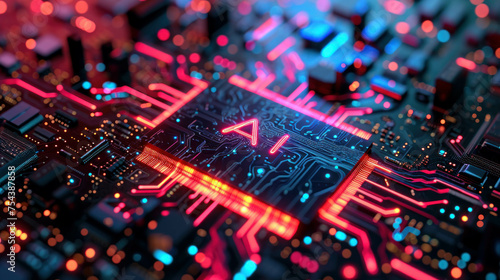An advanced microchip for AI training acceleration, featuring colorful AI letters. Hyperrealistic photo with copy space. AI generative. photo