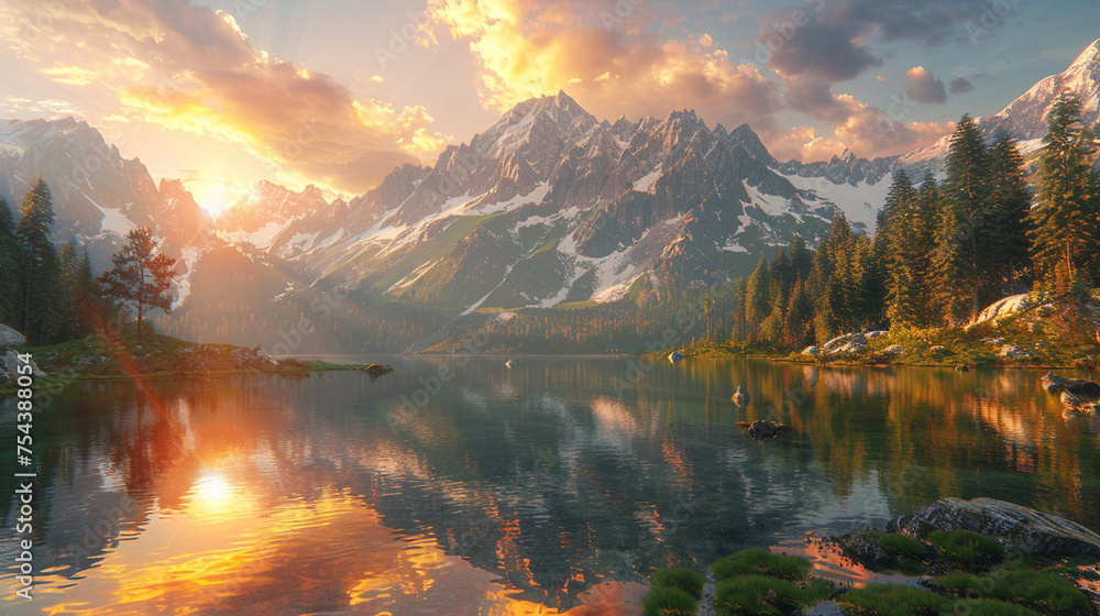 Alpine Glow, Twilight Peaks, Mirror Lake, Sunset Serenity, Mountain Majesty, Golden Reflections, Tranquil Dusk, Luminous Waters, Fiery Skies, Peak Tranquility, Generative AI