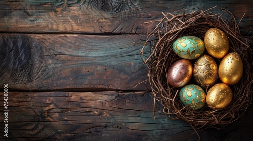 A nest of Easter eggs on an old wooden background
 photo