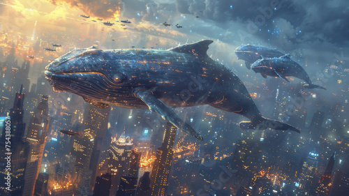 whales flying against the night sky  with futuristic cities of the future generative ai