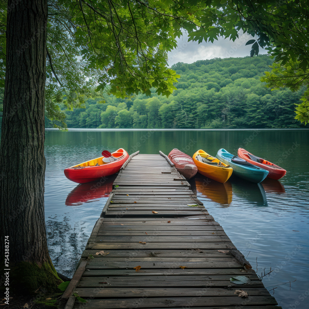 Experience the beauty of nature at a serene lakeside setting, where colorful kayaks line the wooden dock. AI generative.