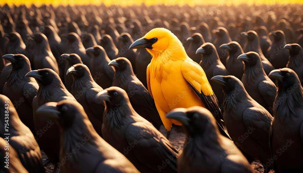 Leadership, vision, own thinking. Differentiate yourself from the rest. A colored crow standing out from a crowd of black crows. AI Generated - obrazy, fototapety, plakaty 