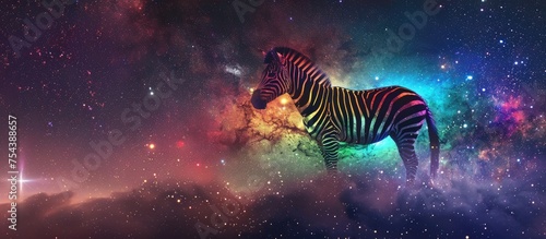Zebra on cosmic background with space, stars, nebulae, vibrant colors, flames  digital art in fantasy style, featuring astronomy elements, celestial themes, interstellar ambiance © Shaman4ik