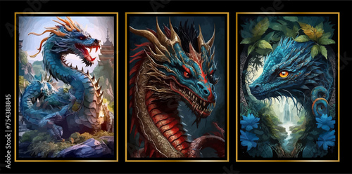 Vector Premium | A collection of dominant dragon images of blue color against a wild fantasy background