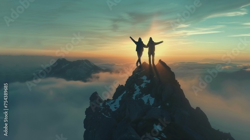 Atop a majestic mountain peak bathed in the soft hues of dawn, a silhouette of a couple stands hand in hand, their arms raised triumphantly to the sky. 

 photo