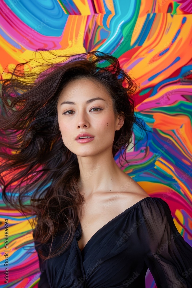 Vibrant Portrait of Young Woman with Flowing Hair Against a Colorful Abstract Background