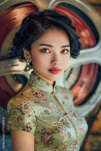 Elegant Asian Woman Portrait in Traditional Cheongsam Dress with Artistic Background