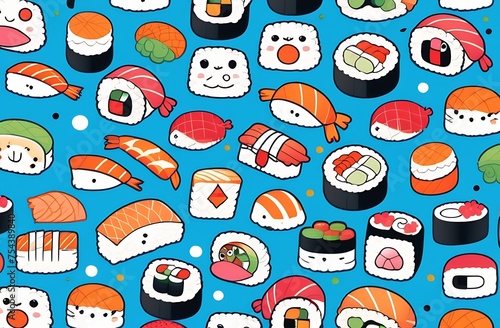 sushi on light blue background. Pattern for design