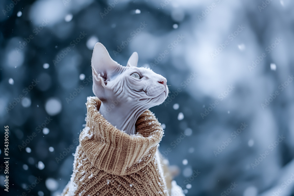 Serene Sphynx Cat Wrapped in Sweater Enjoying Snowfall