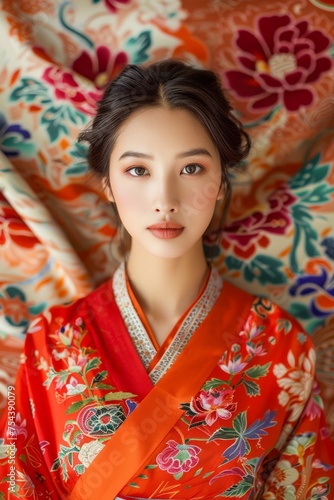 Elegant Asian Woman in Traditional Red Kimono with Floral Patterns Posing with Serene Expression on Ornate Background