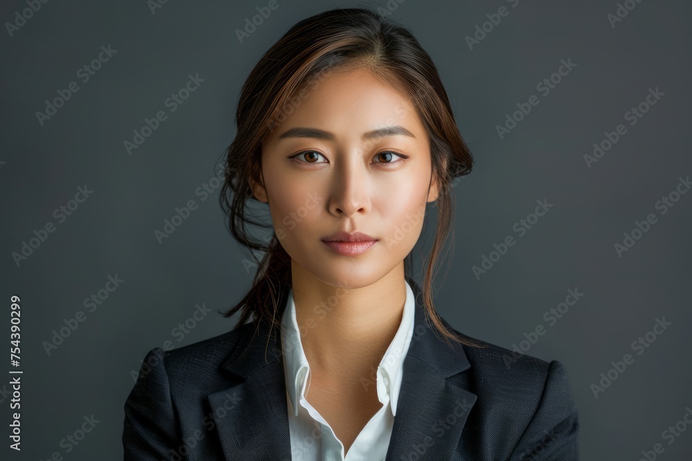 Confident Young Asian Businesswoman in Professional Attire with Neutral Background Confident Young Asian Businesswoman in Professional Attire with Neutral Background