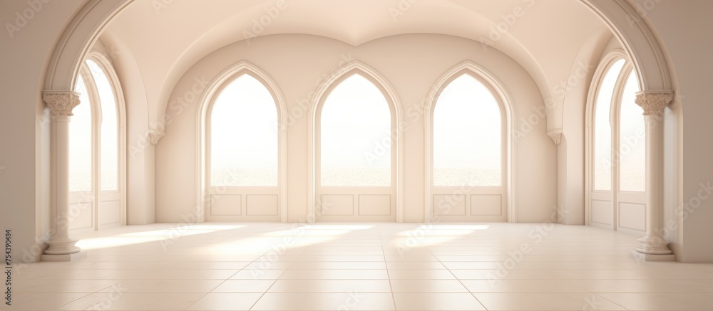 An empty room with arched windows showing a tiled floor. The room is dimly lit, highlighting the arched openings and the intricate tile pattern on the floor.