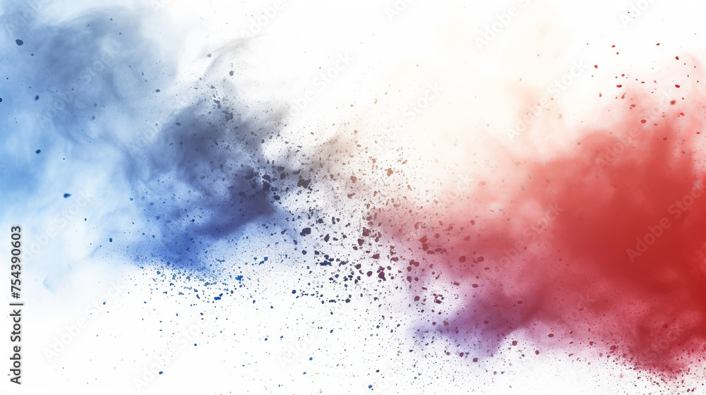 Fototapeta premium Labor day Red, White and Blue colored dust explosion background. Splash of American flag colors smoke dust on white background, Independence Day, Memorial Day patriotic abstract pattern