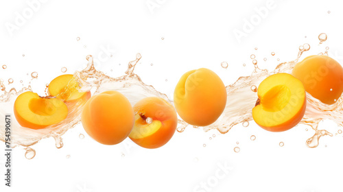 Apricot  sliced pieces flying in the air with water splash isolated on transparent png. 