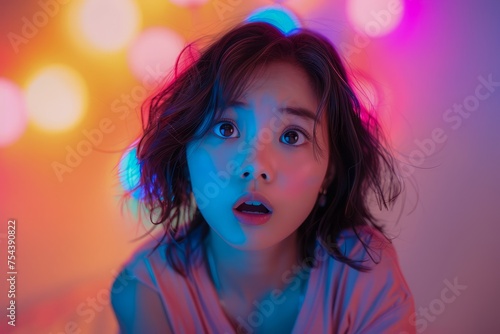 Portrait of a Surprised Young Woman in Vivid Neon Lights with Expressive Facial Emotion and Artistic Studio Lighting Background