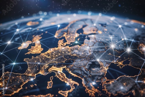Illuminated digital network nodes spread across a dark global map, symbolizing international connectivity