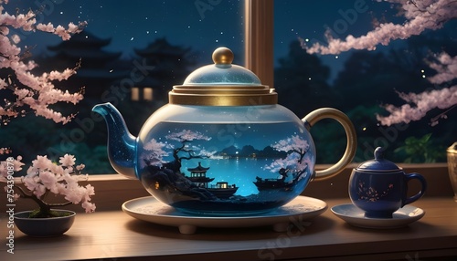 Big Glass teapot containing bioluminescent ship at Twilight highly detailed on windowsill with view out over Japanese blossom garden, midnight, golden glitter sparkles shimmering