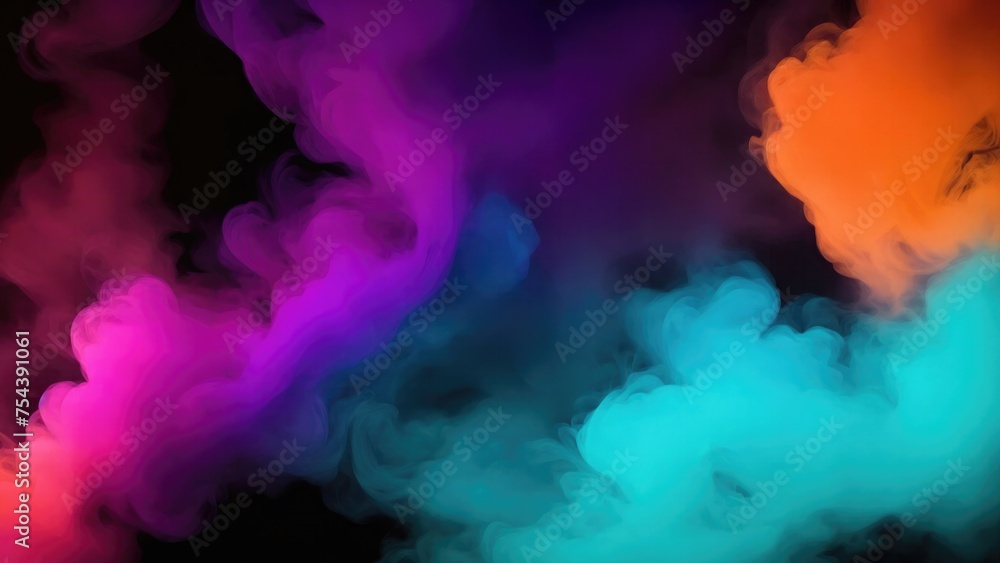 Orange, Teal, and purple colors Dramatic smoke and fog in contrast on a black background