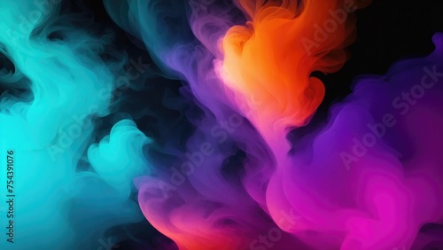 Orange, Teal, and purple colors Dramatic smoke and fog in contrast on a black background