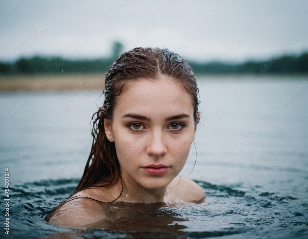 Image of a young girl bathing in the river. AI generation
