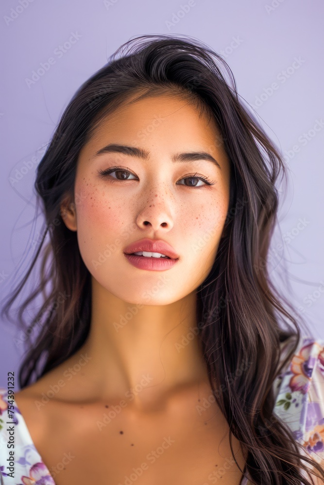 Portrait of a Young Asian Woman with Freckles and Long Brown Hair in Floral Outfit Portrait of a Young Asian Woman with Freckles and Long Brown Hair in Floral Outfit