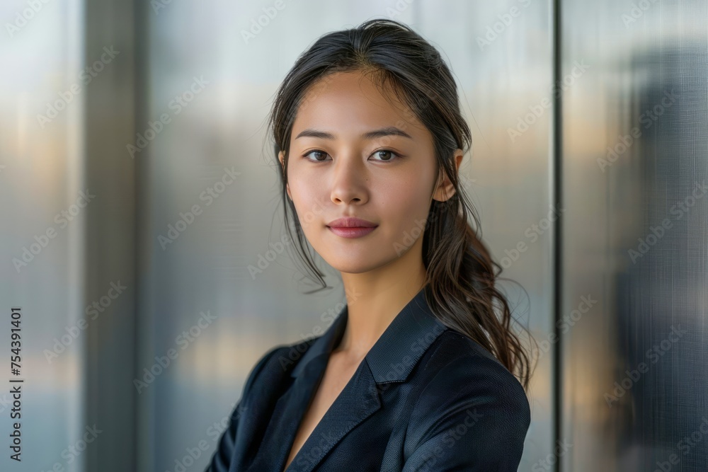 Professional Young Asian Businesswoman Posing Confidently in Modern Office Environment