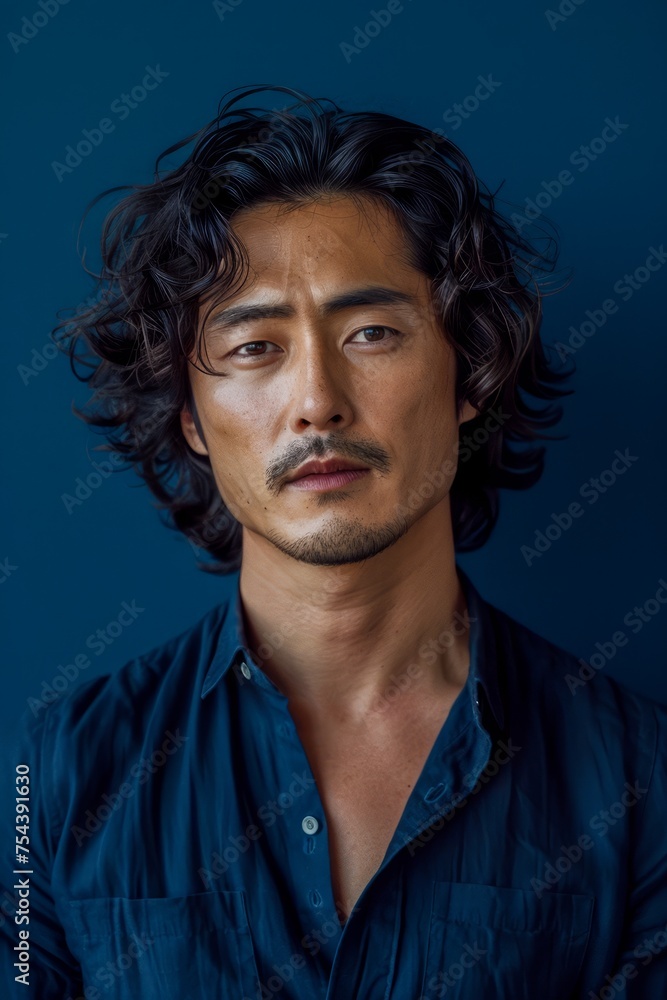 Portrait of a Confident Middle-aged Man with Curly Hair against a Blue Background Portrait of a Confident Middle-aged Man with Curly Hair against a Blue Background