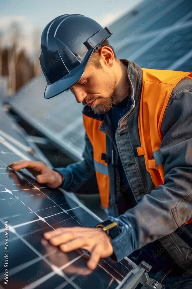 Obraz premium Electricians installing solar panels on rooftops. Solar utility, environmental awareness, maintaining solar panels, vibrant construction scenes with smooth, solar panels, labor on rooftop.