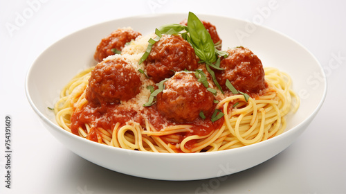 Spaghetti and Meatballs with white background. generative ai