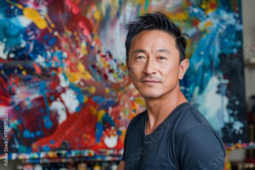 Confident Male Artist Standing in His Studio with Colorful Abstract Paintings in the Background