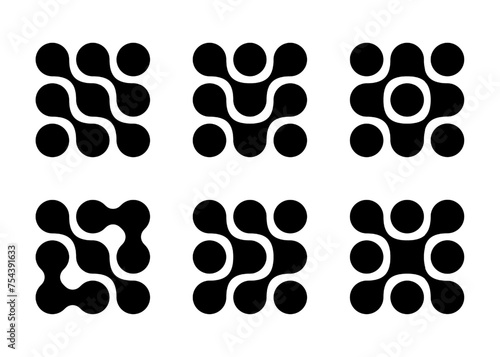 Diagonal metaball connected circles shape. Abstract nerve cell dots or computer nano net. Liquid oil curved morphs as molecule spotted waves. Arrow tech logo
